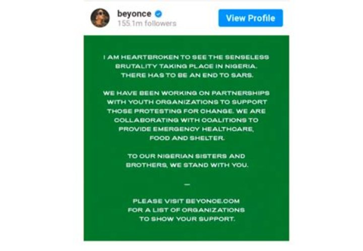 Beyonce Supports ‘#EndSARS’ Movement On Social Media Regarding Alleged Nigerian Government Abuses
